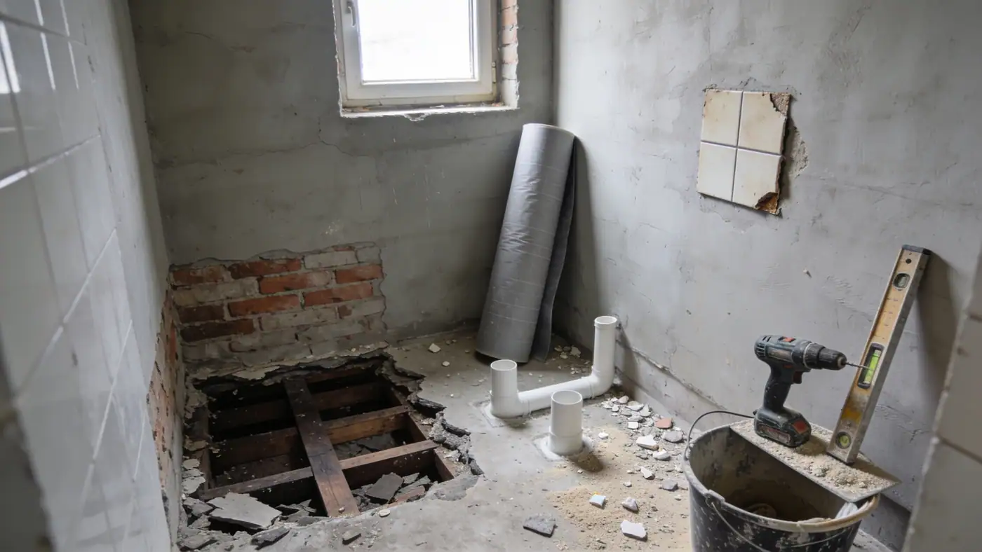 Bad im Rohbau: geöffneter Estrich mit freiliegenden Holzbalken, neue Abflussstutzen